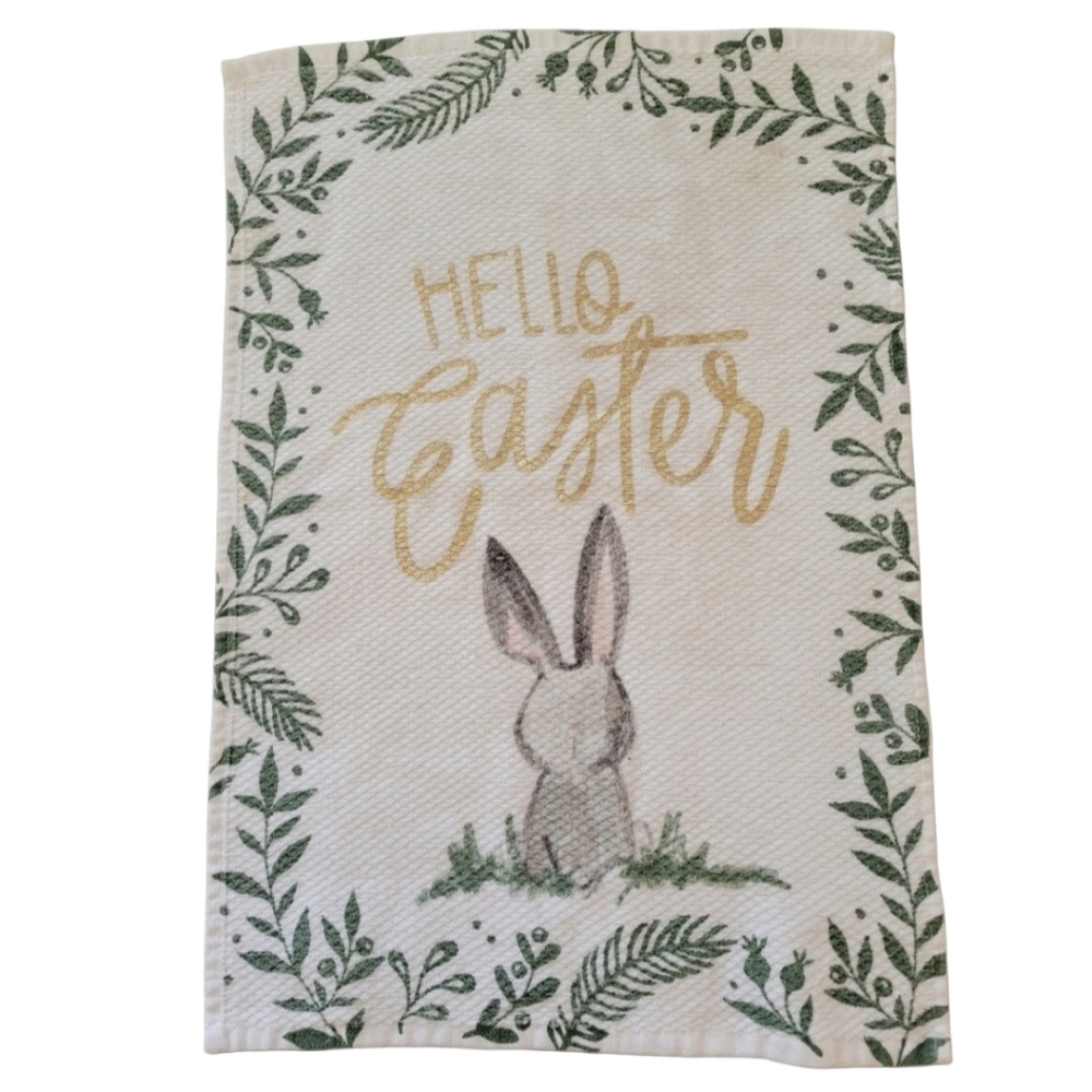 Farmhouse Easter Bunny Waffle Weave "Hello Easter" Hand Towel Cream & Gold NWOT